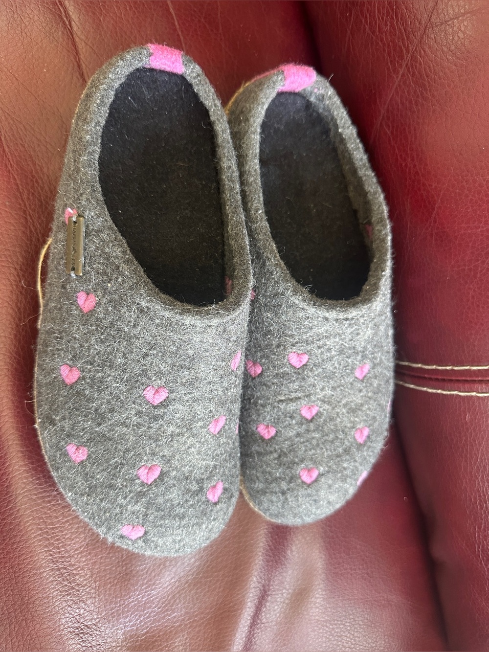 Haflinger Grey Felt Kids Slippers with Pink Heart Accents